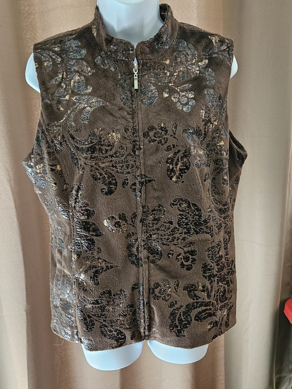 Erin London Brown Gold Metallic Floral Vest Petite Medium PM Damask Full Zip EUC